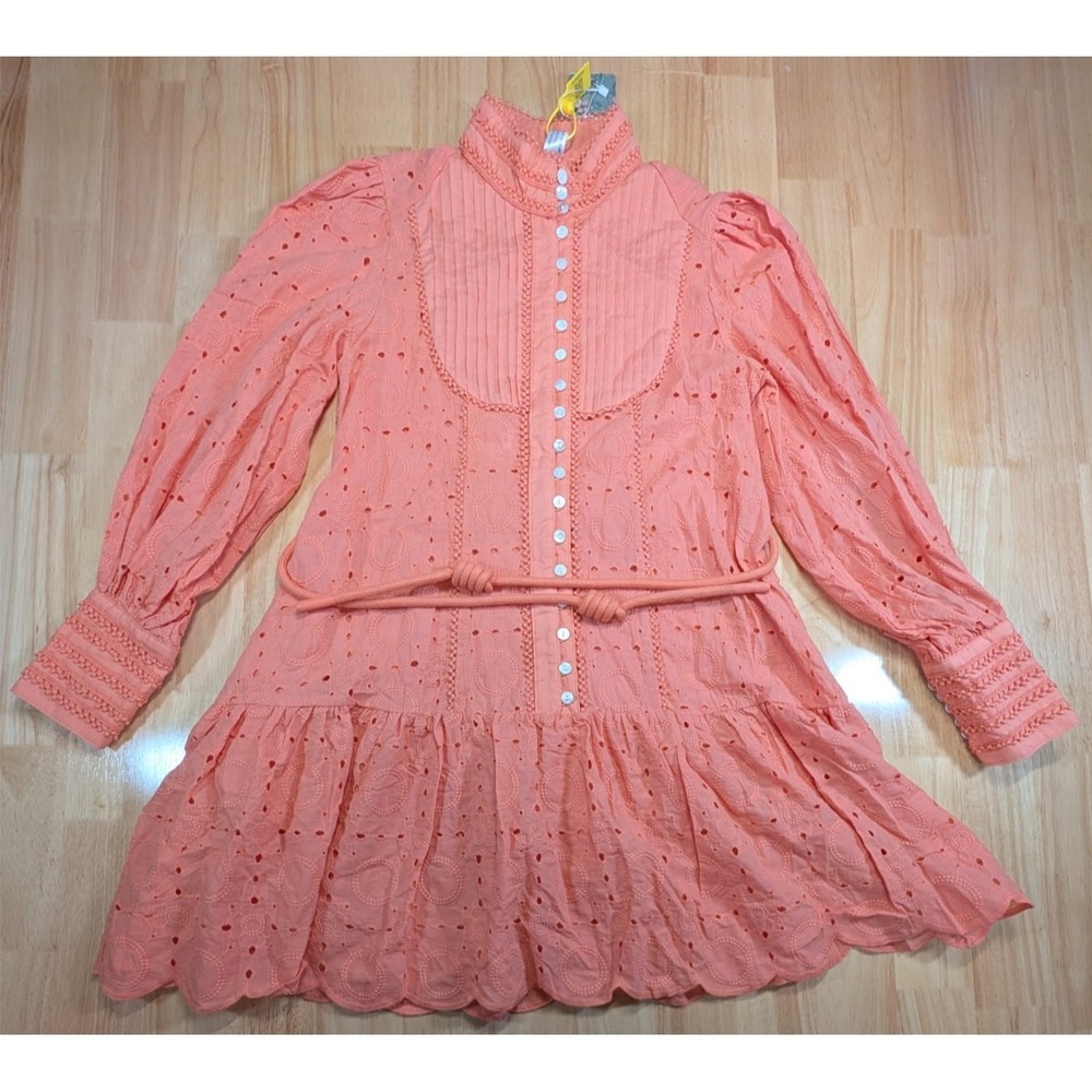 Roiii Eyelet Lace Mini Dress Coral Long‎ Sleeve Button Front XS/S Flowy Boho Fit